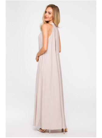 M721 Ilga suknelė su petnešėlėmis aplink kaklą - šampano