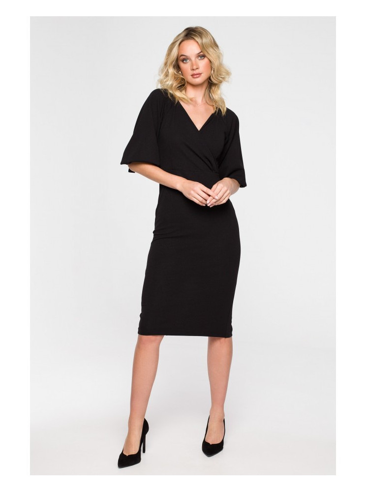 .K152 Surišama suknelė pūstomis rankovėmis - juoda