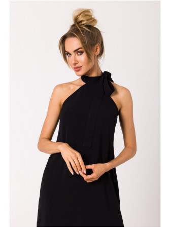 M736 Suknelė su petnešėlėmis per kaklą ir raišteliu - juoda