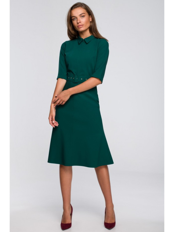S231 Collar dres with a buckle belt - green