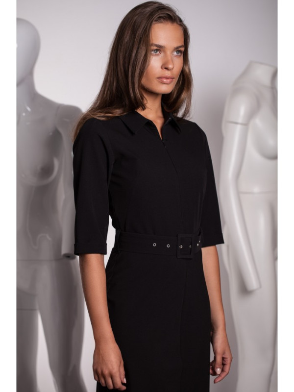 S231 Collar dres with a buckle belt - black