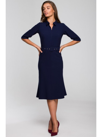 S231 Collar dres with a buckle belt - navy blue