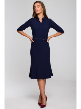 S231 Collar dres with a buckle belt - navy blue