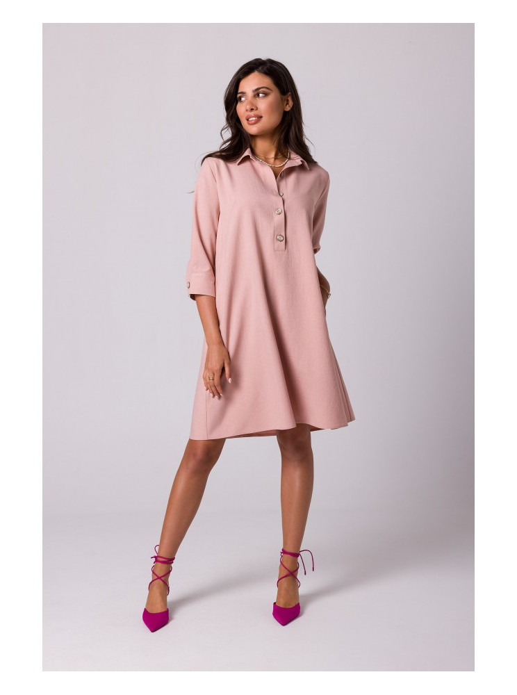 B257 Rožinė marškinių suknelė platėjančiu sijonu - rožinė