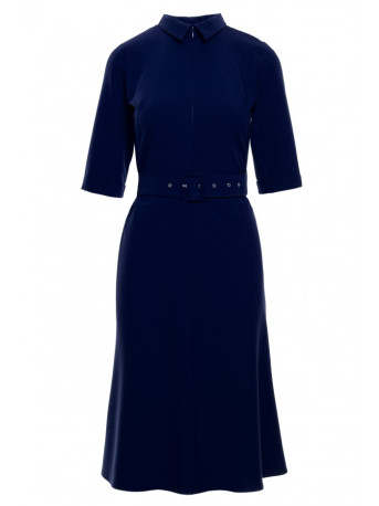 S231 Collar dres with a buckle belt - navy blue