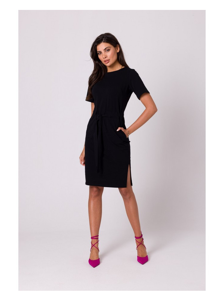 B263 Medvilninė suknelė su kišenėmis - juoda