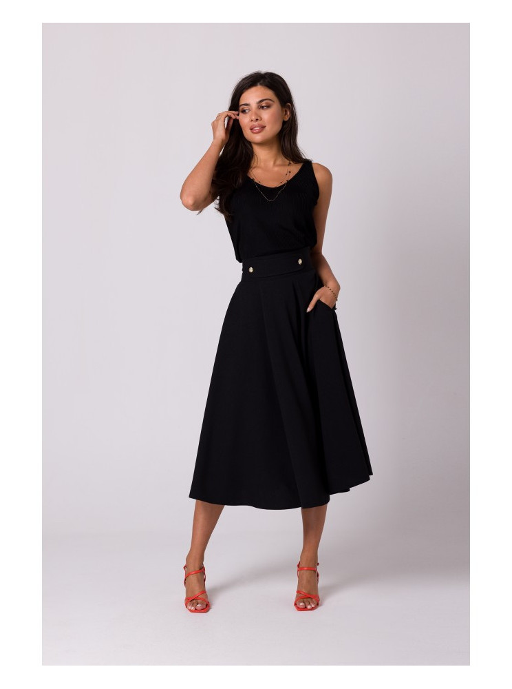 B265 Plazdančio silueto sijonas aukštu liemeniu - juoda