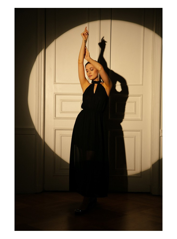 .K169 Šifono suknelė su kaklaraiščiu - juoda