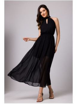 .K169 Šifono suknelė su kaklaraiščiu - juoda