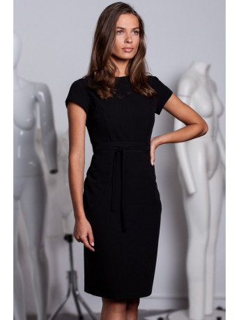 S239 Pencil dress with a tie belt - black