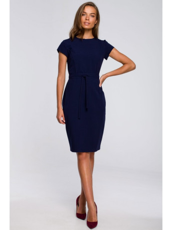 S239 Pencil dress with a tie belt - navy blue