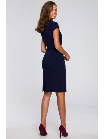 S239 Pencil dress with a tie belt - navy blue