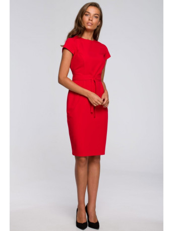 S239 Pencil dress with a tie belt - red