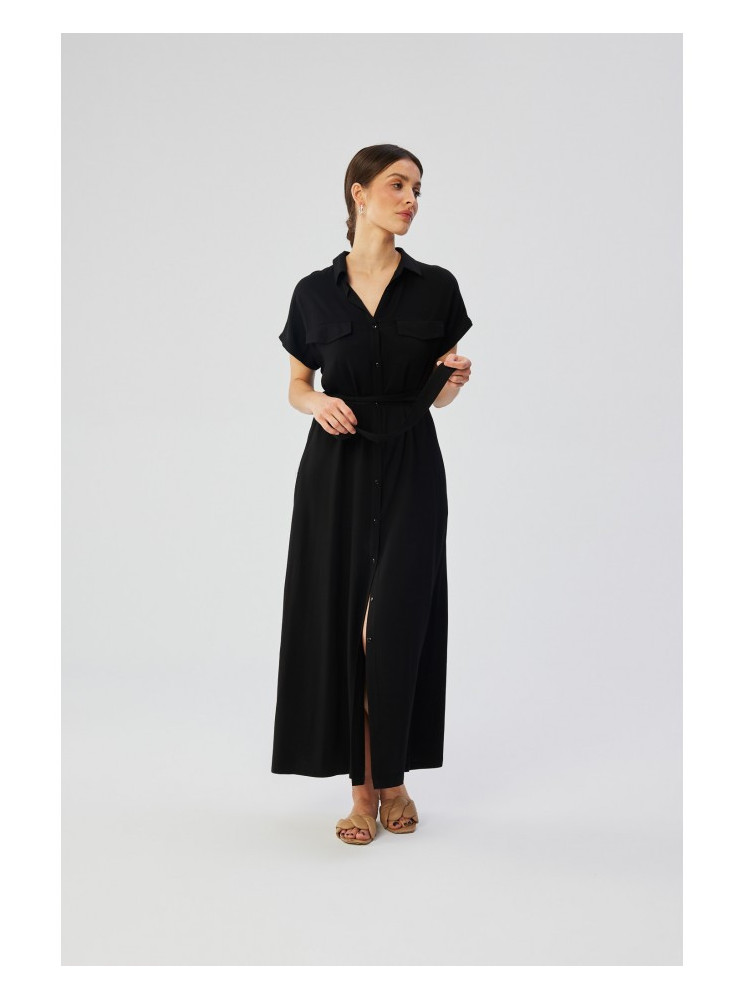 S364 Viskozinė ilga marškinių tipo suknelė - juoda