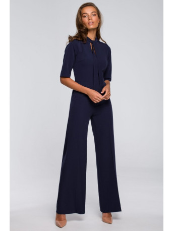 S243 Elegant jumpsuit with a tie neck - navy blue