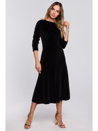 M557 Velvet Midi Dress With Gathered Sleeves - black
