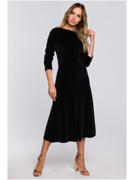 M557 Velvet Midi Dress With Gathered Sleeves - black