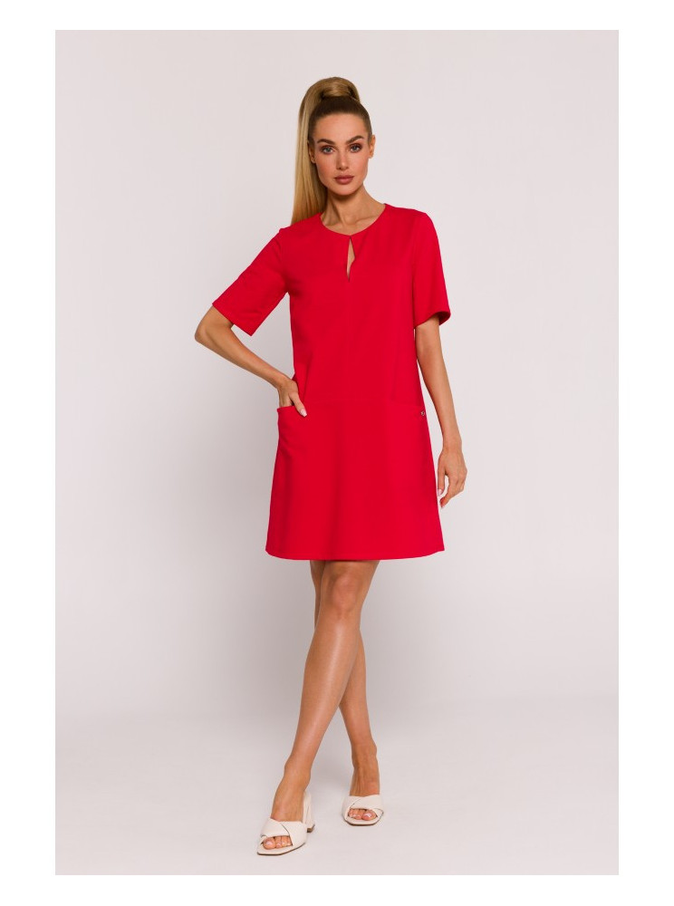M788 Trapecijos formos suknelė su kišenėmis - raudona