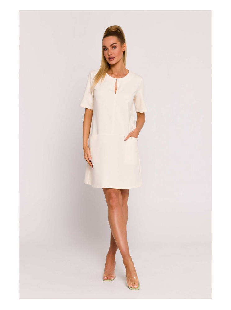 M788 Trapecijos formos suknelė su kišenėmis - kreminė