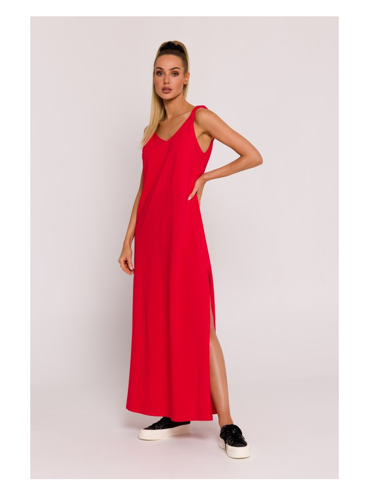 M791 Ilga raudona suknelė gilia iškirpte - raudona