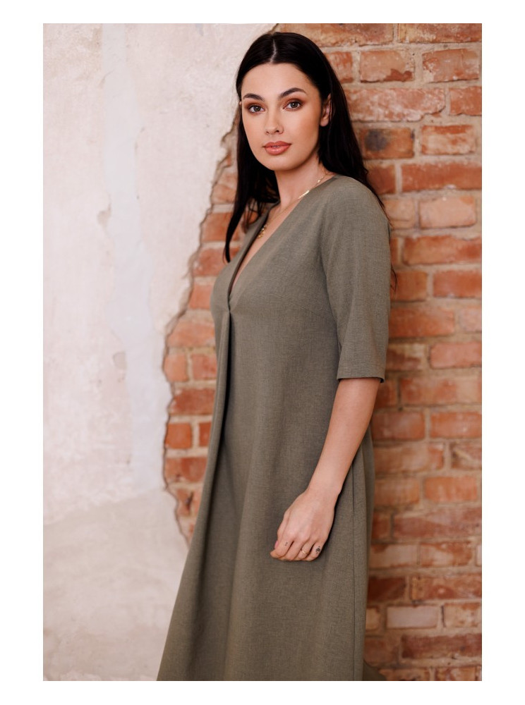 B280 Trapecijos formos suknelė su V formos iškirpte - olive green