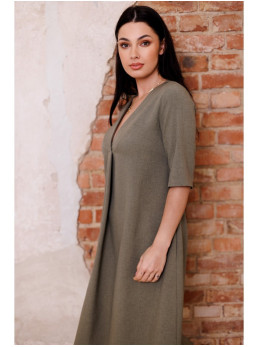 B280 Trapecijos formos suknelė su V formos iškirpte - olive green
