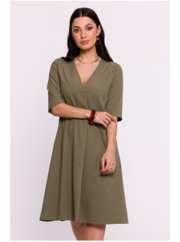 B280 Trapecijos formos suknelė su V formos iškirpte - olive green