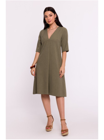 B280 Trapecijos formos suknelė su V formos iškirpte - olive green