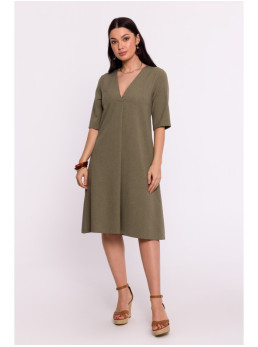 B280 Trapecijos formos suknelė su V formos iškirpte - olive green
