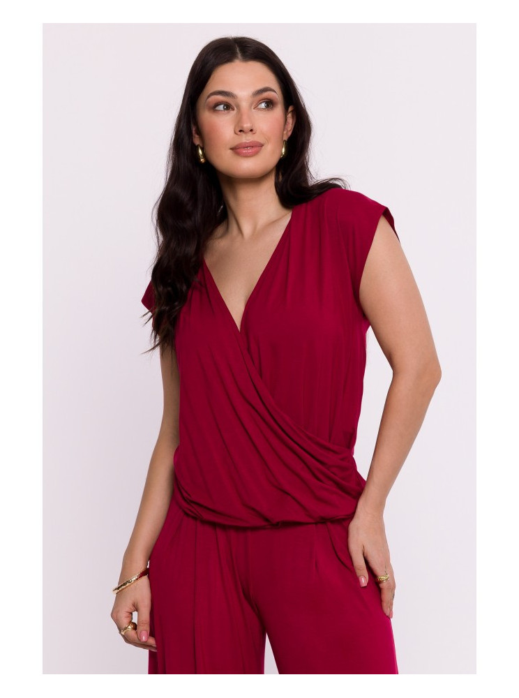 B288 Viskozinė palaidinė su V formos iškirpte - kaštoninė