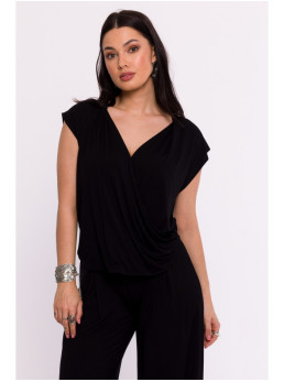 B288 Viskozinė susiaučiama palaidinė V formos iškirpte - juoda