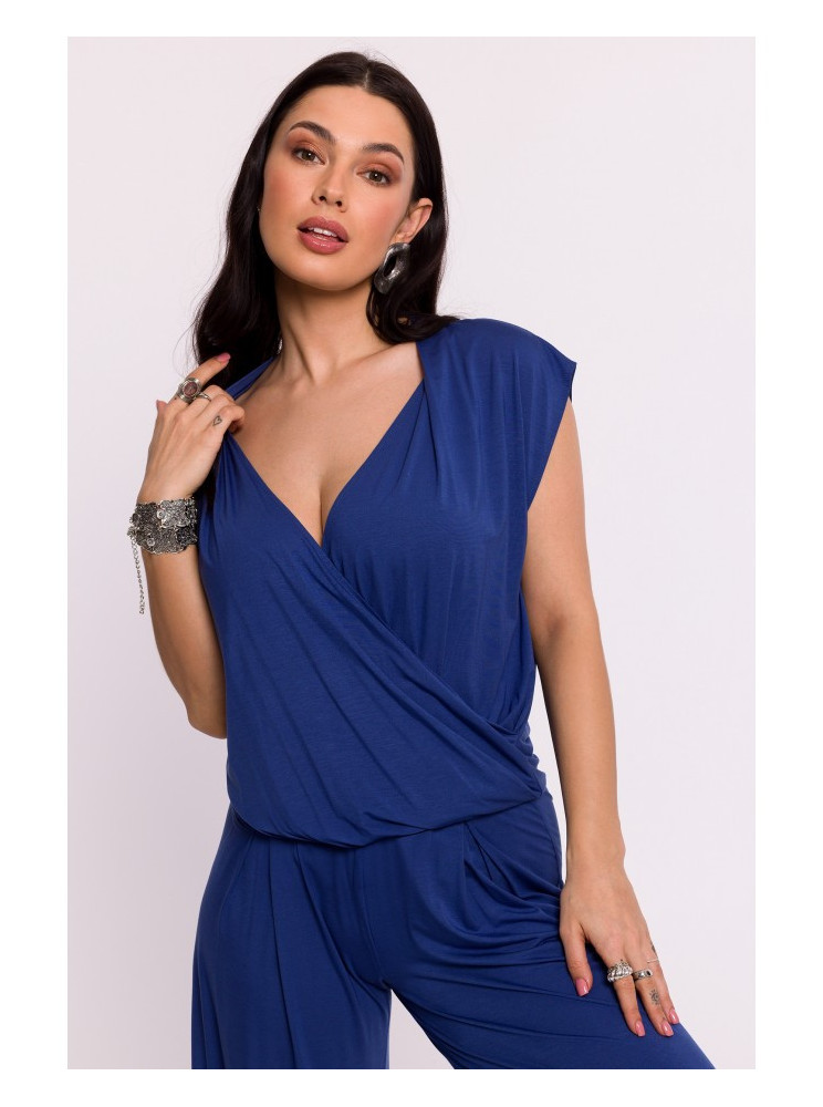 B288 Viskozinė palaidinė su V formos iškirpte - mėlyna