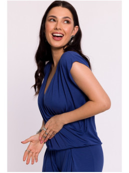 B288 Viskozinė palaidinė su V formos iškirpte - mėlyna