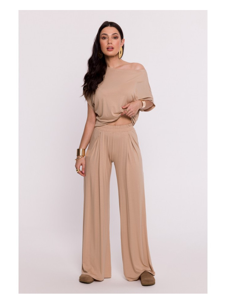 B289 Viskozinės kelnės su elastine juosmens guma - kapučino