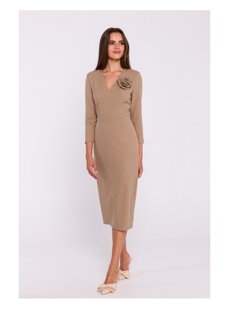 S372 Gėlėta pieštuko tipo suknelė - smėlio