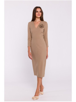 S372 Gėlėta pieštuko silueto suknelė - smėlio