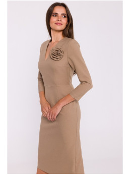 S372 Gėlėta pieštuko silueto suknelė - smėlio