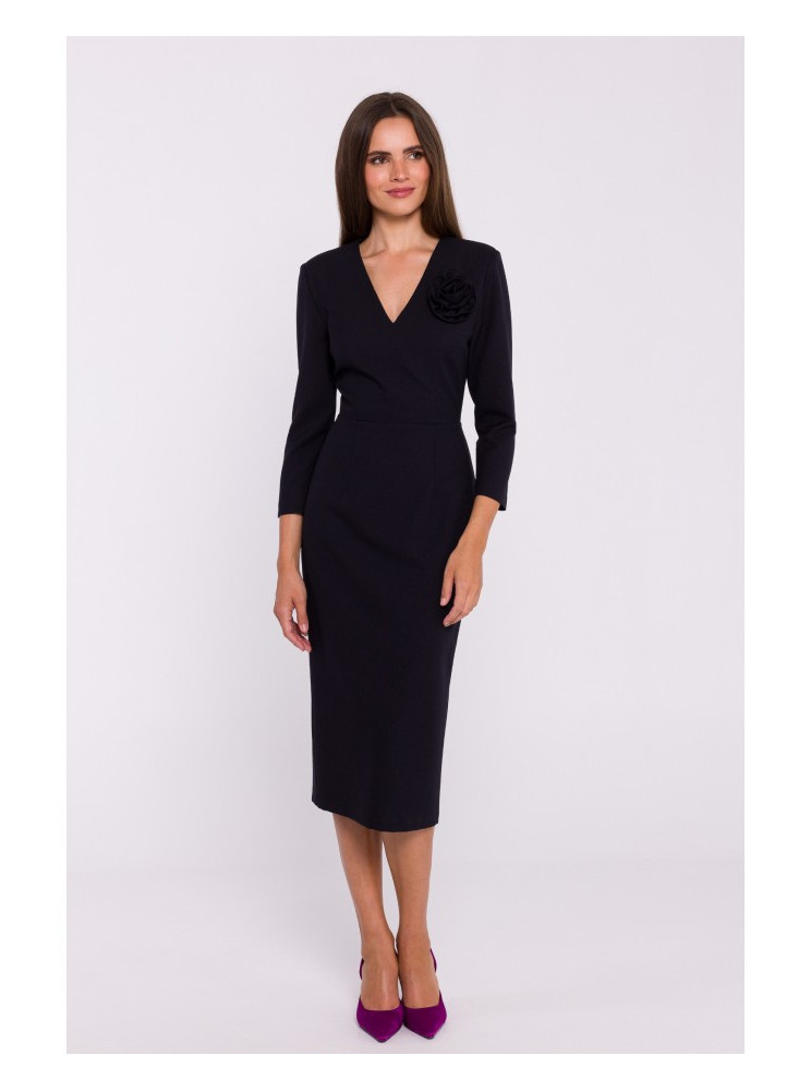 S372 Gėlėta pieštuko silueto suknelė - juoda