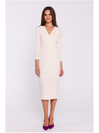 S372 Gėlėta pieštukinė suknelė - dramblio kaulo