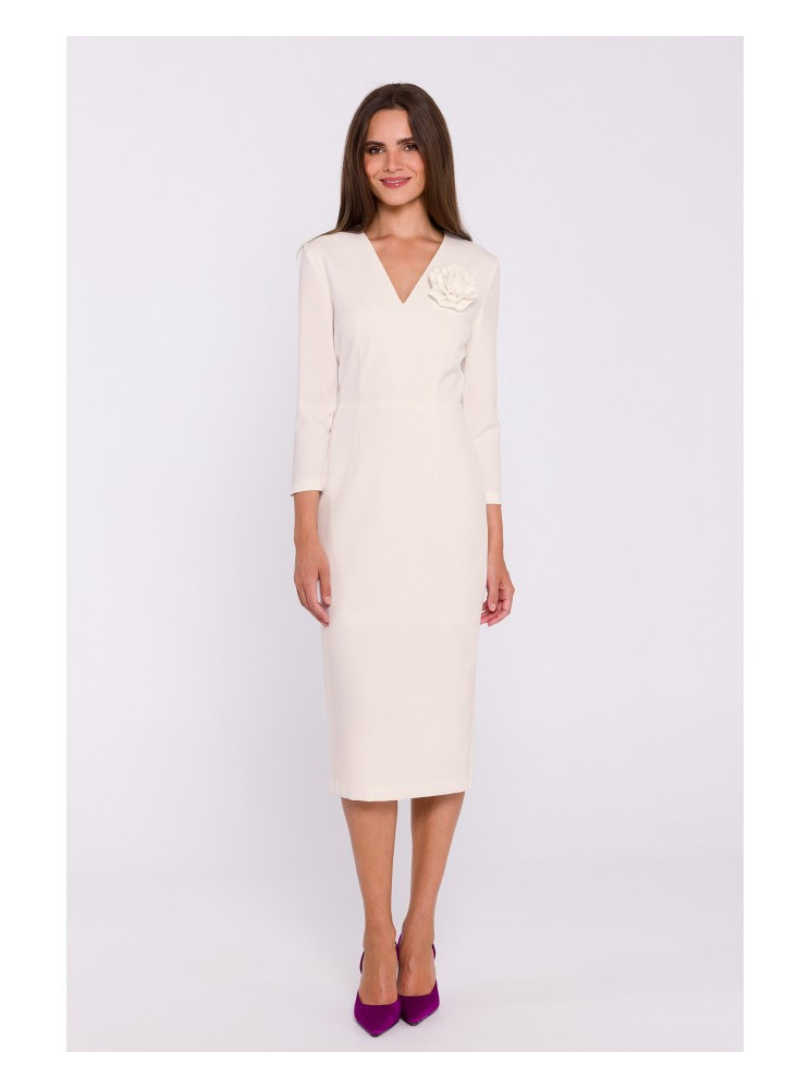 S372 Gėlėta pieštukinė suknelė - dramblio kaulo