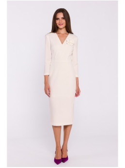 S372 Gėlėta pieštukinė suknelė - dramblio kaulo