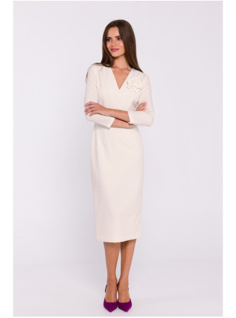 S372 Gėlėta pieštukinė suknelė - dramblio kaulo