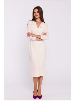 S372 Gėlėta pieštukinė suknelė - dramblio kaulo