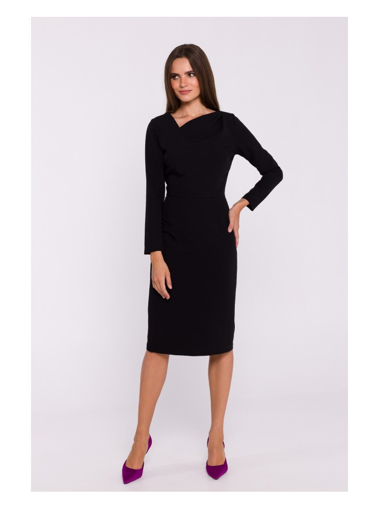 S376 Asimetriško kirpimo pieštukinė suknelė - juoda