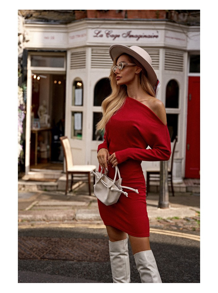 M818 Raštuotas raudonas suknelė su nuleistais pečiais - raudona