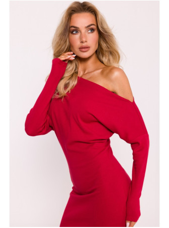 M818 Raštuotas raudonas suknelė su nuleistais pečiais - raudona