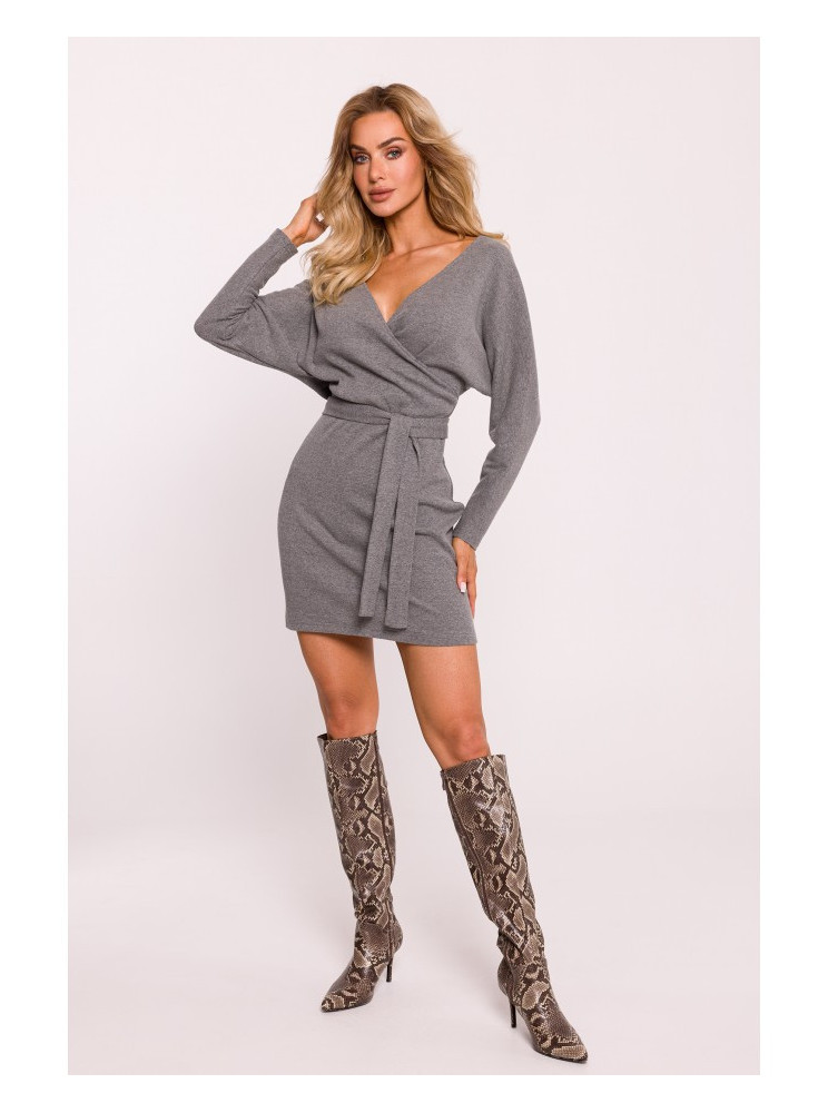 M819 Pilko melanžo suknelė-siaučiamas megztinis - grey melange