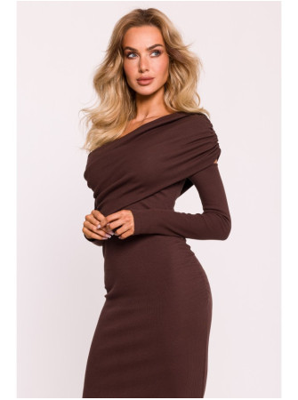 M820 Asimetriško kirpimo suknelė iš rib audinio - ruda