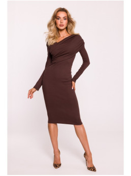 M820 Asimetriško kirpimo suknelė iš rib audinio - ruda