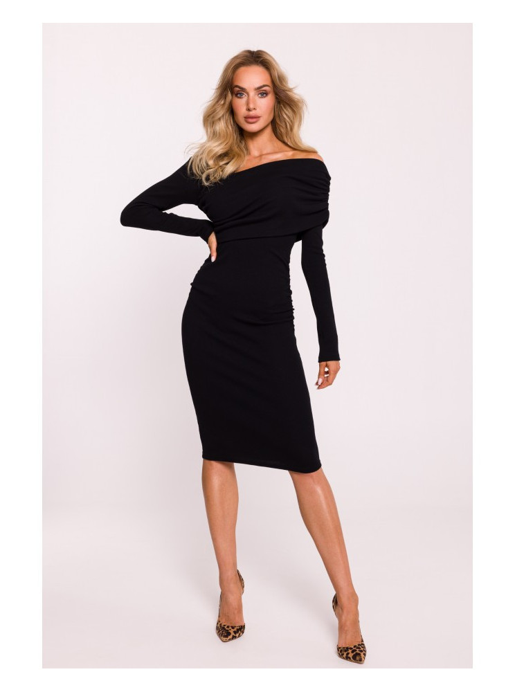 M820 Asimetriško kirpimo suknelė iš rib audinio - juoda